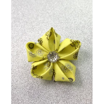 Kanzashi Hair Accessory - Yellow with Silver and Brown Floral Design