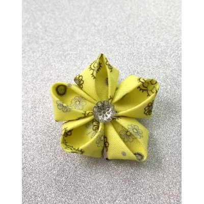Kanzashi Hair Accessory - Yellow with Silver and Brown Floral Design