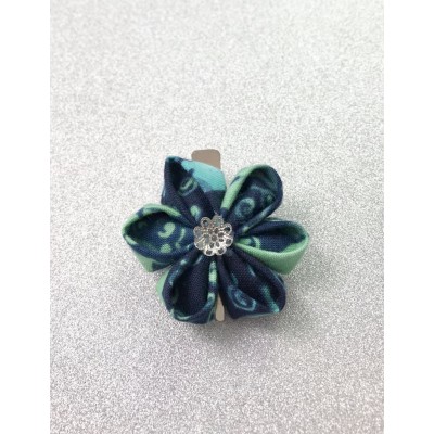 Kanzashi Hair Accessory - Batik with Aqua Swirls on Dark Blue Background