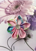 Kanzashi Hair Accessory - Glitter Pink with Green, Blue, Pink and White