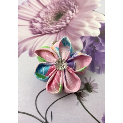 Kanzashi Hair Accessory - Glitter Pink with Green, Blue, Pink and White