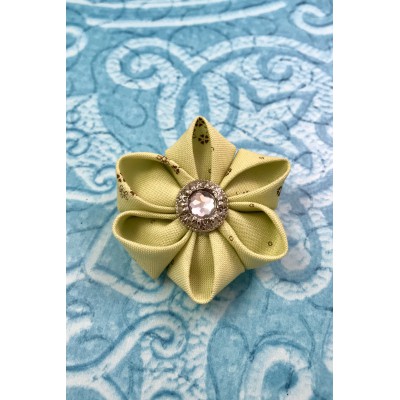 Kanzashi Hair Accessory - Green with Brown Floral Design with Rhinestone Center