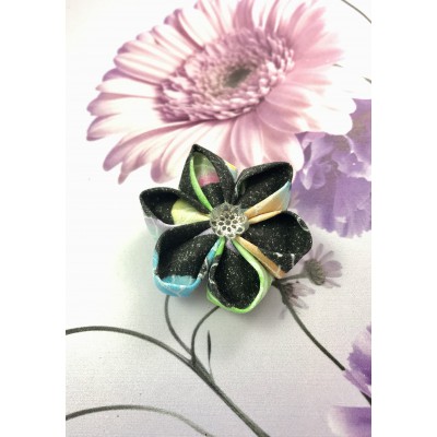 Kanzashi Hair Accessory - Sparkly Black with Pink, Blue, Yellow, Green and White
