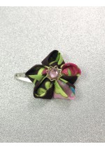 Kanzashi Hair Accessory - Brown, with Pink and Green Floral Design