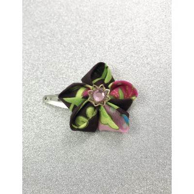 Kanzashi Hair Accessory - Brown, with Pink and Green Floral Design