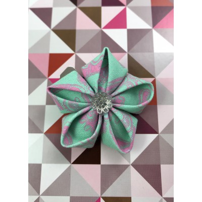 Kanzashi Hair Accessory - Sea Foam Green with Pink Paisley Design