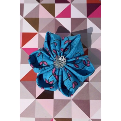 Kanzashi Hair Accessory - Bright Blue with Pink, Vine Design