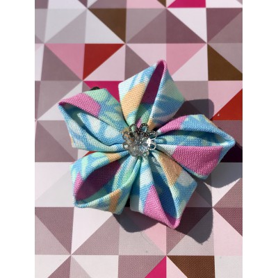 Kanzashi Hair Accessory - Stain Glass look with Pink, Aqua, Yellow and Blue Colors